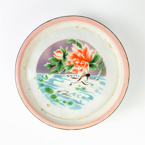 Chinese Crane on River with Peony Flower Enamel Tray