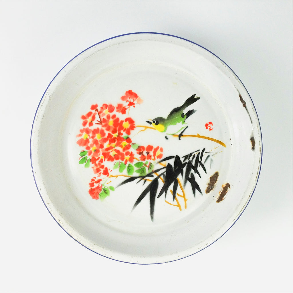 Sparrow on Branch with Chrysanthemums and Bamboo Enamel Tray